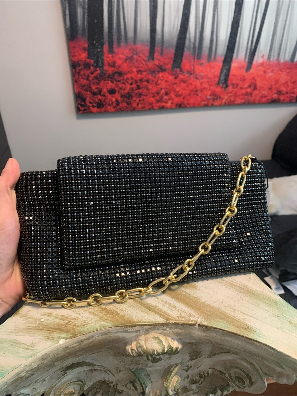 Black Crystal-Embellished Evening Clutch with Gold Chain